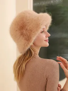 Women winter plush bucket hat warm fluffy faux fur cap stylish casual outdoor hat khaki