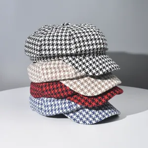 Women Fashion Houndstooth Baker Boy Hat Vintage Newsboy Cap Warm Woolen Octagonal Hat Casual Painter Hat For Ladies