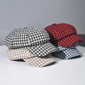 Classic houndstooth octagonal cap stylish newsboy beret hat versatile autumn winter retro headwear