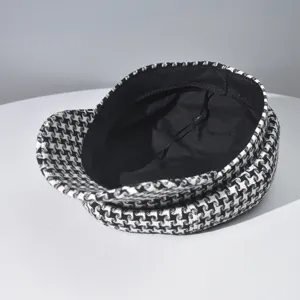 Classic black and white houndstooth octagonal cap women fashionable retro beret hat stylish