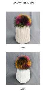 Kids knitted hat with colorful fluffy fur pom winter warm children beanie cap stylish