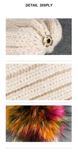 Close-up details of kids knit hat featuring chunky knit texture, metal button and colorful fur pompom.