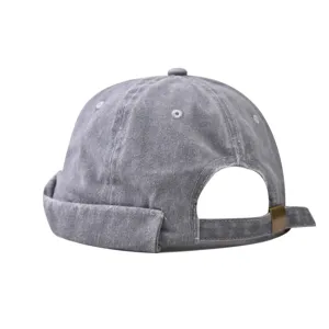 Grey washed denim docker cap detail, retro brimless miki hat with adjustable metal buckle.