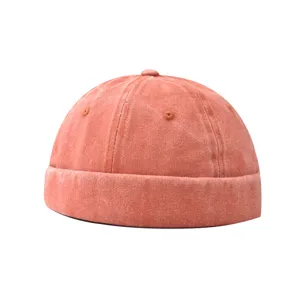 Washed denim docker cap for men, trendy street style retro miki hat, solid color retro brimless hat.