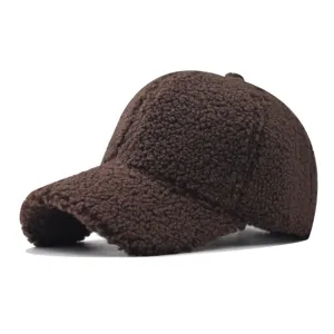 Thickened brown sherpa baseball cap, warm winter fleece hat, soft casual outdoor sun hat design.