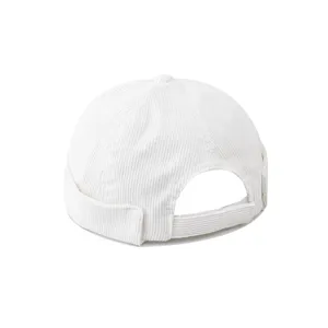 White corduroy miki hat detail, brimless docker cap back view, adjustable strap design