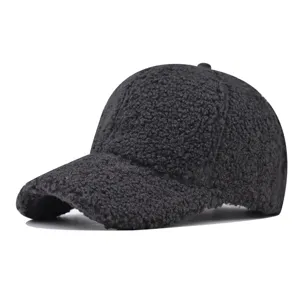 Dark grey sherpa baseball cap detail, thick fleece winter sun hat for men and women outdoor.