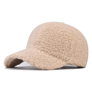 Beige thick sherpa fleece baseball cap detail view, soft autumn winter outdoor warm hat.