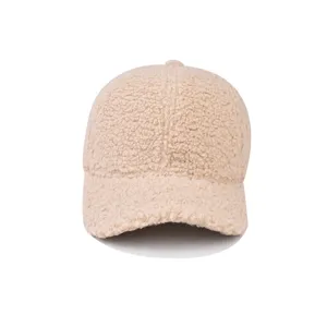 Closeup view of thick shearling baseball cap texture, soft plush winter sun hat material details.