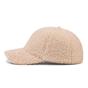 Thick warm lamb wool baseball cap side detail, soft cozy fleece winter hat in solid beige.