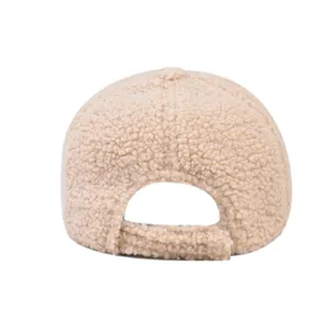 Beige sherpa baseball cap for women men, thick fleece adjustable winter dad hat outdoor.