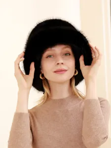 Black fox fur bucket hat for women winter warm plush cap fashion outdoor stylish headwear