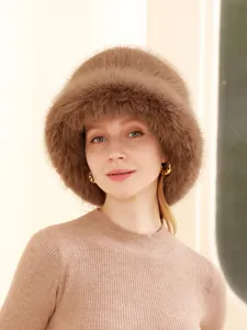 Stylish winter warm plush bucket hat for women, soft faux fur cozy fashion outdoor casual cap.