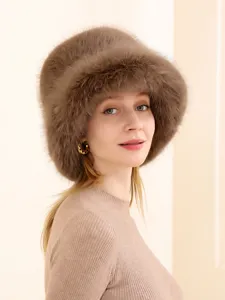 Stylish winter warm fox fur bucket hat for women, thick plush outdoor ear protection