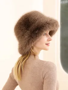 Brown faux fur bucket hat for women, winter warm plush fisherman hat for outdoor fashion style.