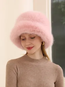 Pink fluffy fox fur bucket hat for women, winter warm plush fisherman cap stylish chic