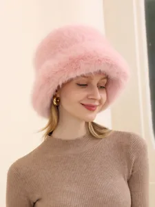 Pink faux fur bucket hat for women winter warm fuzzy plush fisherman cap fluffy outdoor hat style