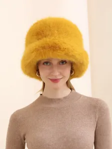 Yellow fluffy plush bucket hat for women winter warm stylish faux fur fisherman cap