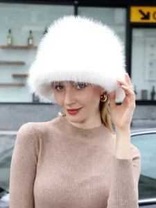 Stylish white fox fur bucket hat for women, warm winter plush hat for outdoor daily wear.