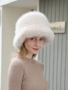 Womens fluffy faux fur bucket hat autumn winter warm cozy outdoor fashion Korean style trendy cap