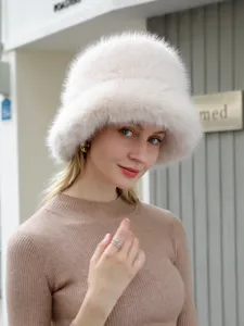 Women fluffy faux fox fur bucket hat winter warm cozy fisherman cap stylish outdoor headwear