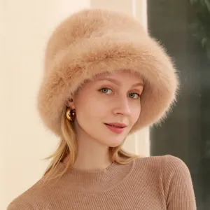Women Winter Warm Fox Fur Bucket Hat Plush Thickened Ear Protection Solid Color Casual Outdoor Fisherman Hat