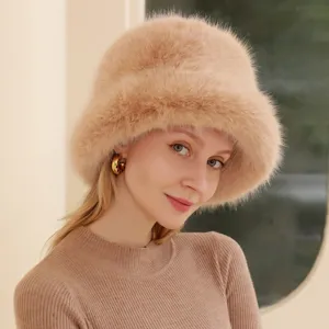 Stylish autumn winter fluffy fur bucket hat for women warm casual plush cap khaki