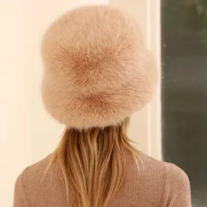 Furry plush winter bucket hat for women warm outdoor stylish casual beanie cap solid color