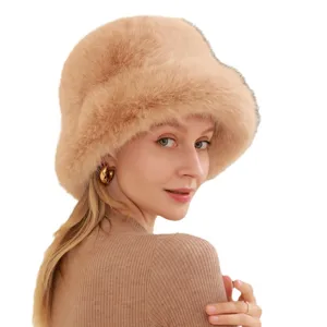 Fluffy plush winter bucket hat for women, warm soft faux fur casual outdoor fashion cap.