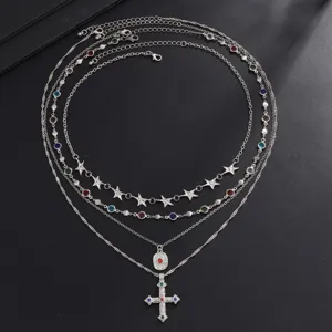 Ensemble de collier multicouche pour homme avec pendentifs étoiles et croix vintage bijoux