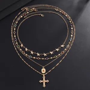 Ensemble de collier multicouche européen et américain avec étoiles, pendentif croix cristal.