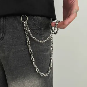 Gothic style 3D skull beaded double layer pants chain street fashion men wallet chain