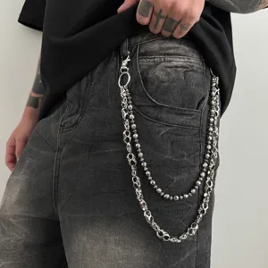 Punk gothic skull double layer pants chain streetwear metal hip hop trousers chain men