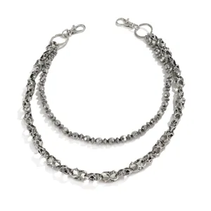 Punk style double layer metal wallet chain with 3D skulls and faceted beads for street fashion men.