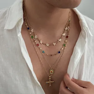 Ensemble de Collier Multicouche Vintage pour Hommes Allié Strass Croix Étoile Pendentif Chaîne Multicouche Bijou de Mode Cadeau