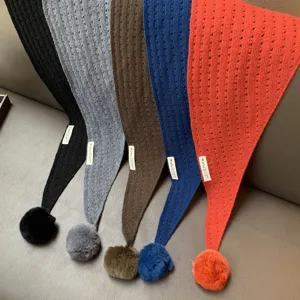 Winter hollow wool triangular scarf with pom-pom, versatile warm shawl and fashion neck wrap.