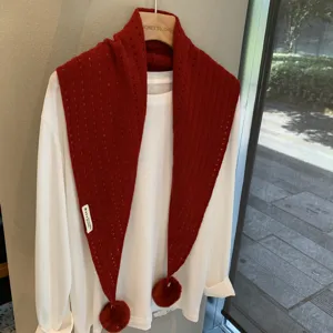 Stylish red hollow wool triangular scarf women winter tassel shawl fashion cozy warm wrap