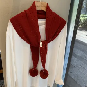 Women Casual Wool Scarf Fashion Hollow Out Triangle Shawl Pom Pom Winter Warm Neck Wrap Elegant Daily Accessories