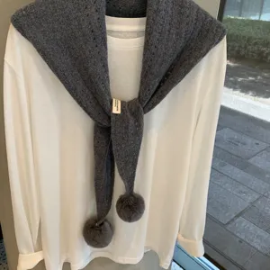 Dark grey knitted scarf with pom poms, hollow out wool shawl wrap for women winter autumn.