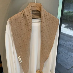 Beige knit triangle scarf for women, warm wool cashmere blend shawl for autumn and winter.