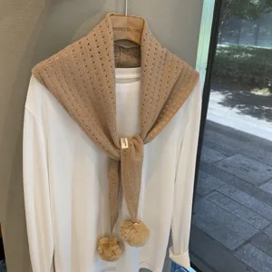 Autumn winter knitted pom pom triangular scarf women fashion hollow wool layering shawl.