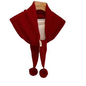 Red cashmere wool hollow triangle scarf with cute pompoms for women autumn winter warm shawl