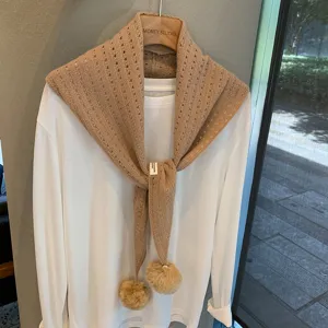 Women knit triangle scarf camel pom pom shawl hollow winter versatile stylish fashion warm