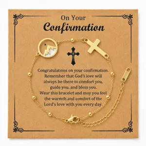Bracelet en acier inoxydable avec pendentif croix et carte de confirmation cadeau religieux