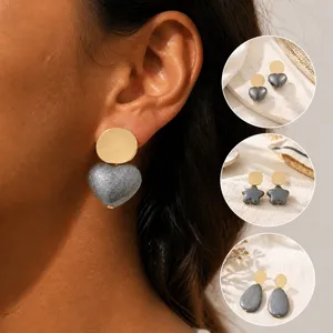 Vintage High-End Dark Grey Textured Artificial Pearl Earrings Metal Disc Heart Star Water Drop Alloy Stud Earrings For Women Jewelry