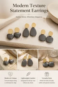 Dark grey textured earrings featuring heart, teardrop and round shapes with gold studs for women.