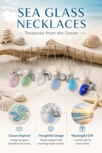 Handmade sea glass necklaces with ocean-inspired charms, unique wire-wrapped coastal jewelry.