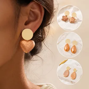Vintage Textured Artificial Pearl Drop Earrings For Women Heart Waterdrop Geometric Gold Alloy Earrings Fashion Jewelry
