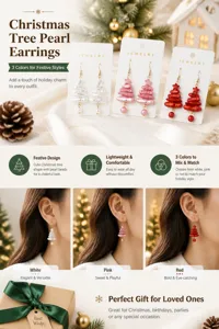 Christmas tree pearl earrings featuring irregular pearls and star pendants in white, pink and red.