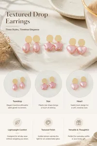 Pink Pearlescent Textured Drop Earrings Geometric Studs Heart Star Teardrop Sweet Chic
